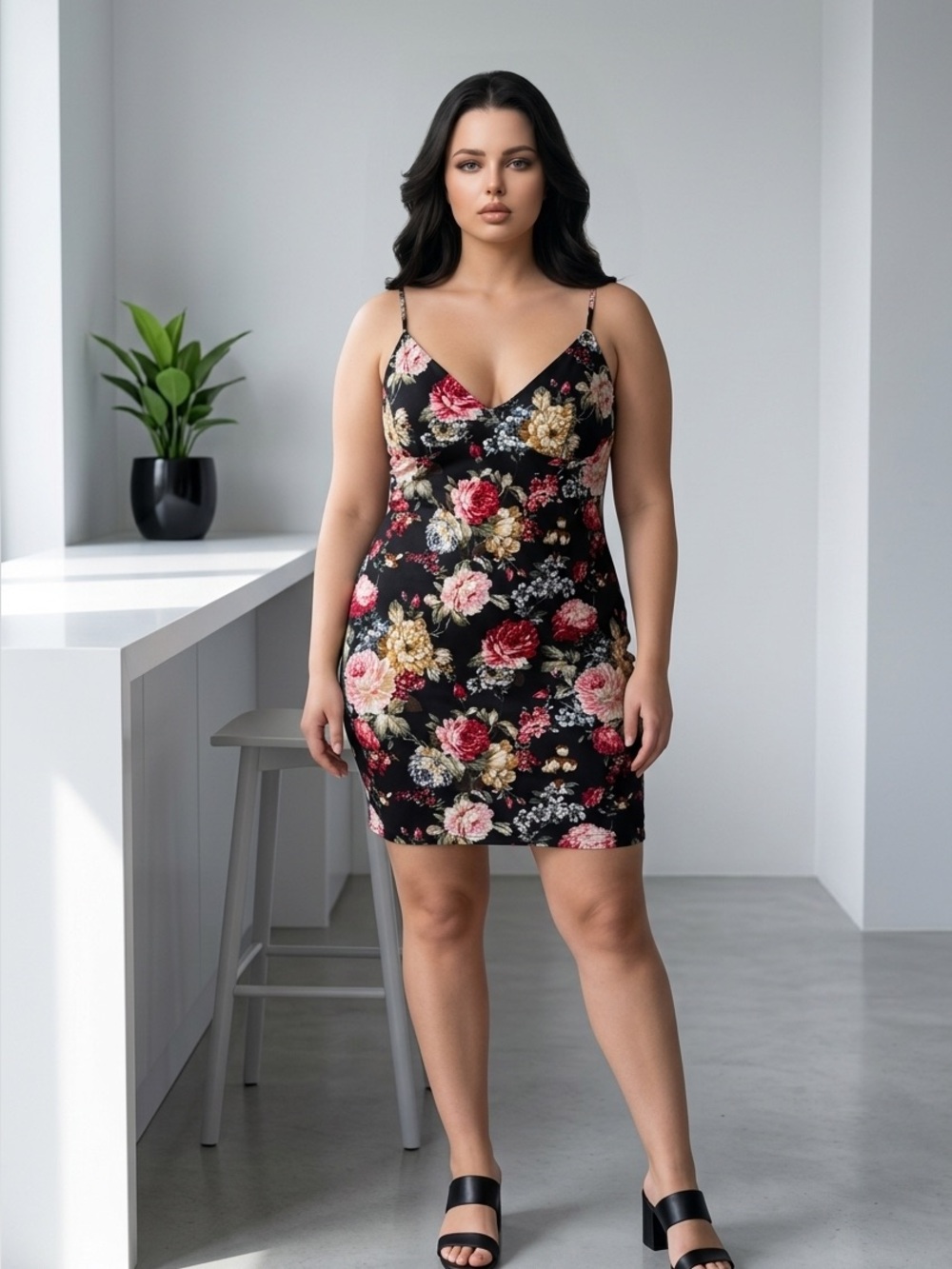 SHEIN Black Floral Mini Slip Dress with Pink & Cream Blooms
